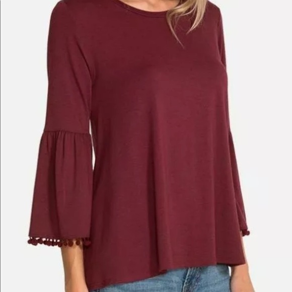 Johnny Was | Bell Sleeve Pom Pom Trim Top Wine XS - Picture 4 of 9